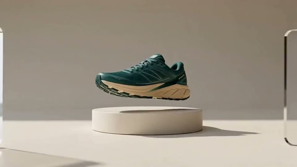 Green running shoe displayed on a product pedestal