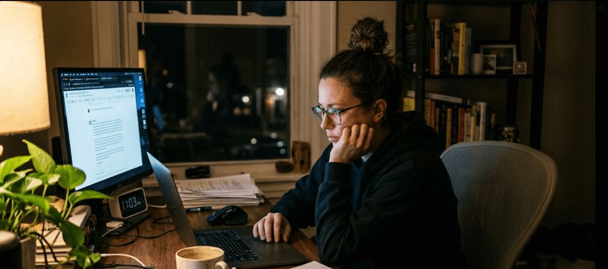 Late-night frustrated desk work
