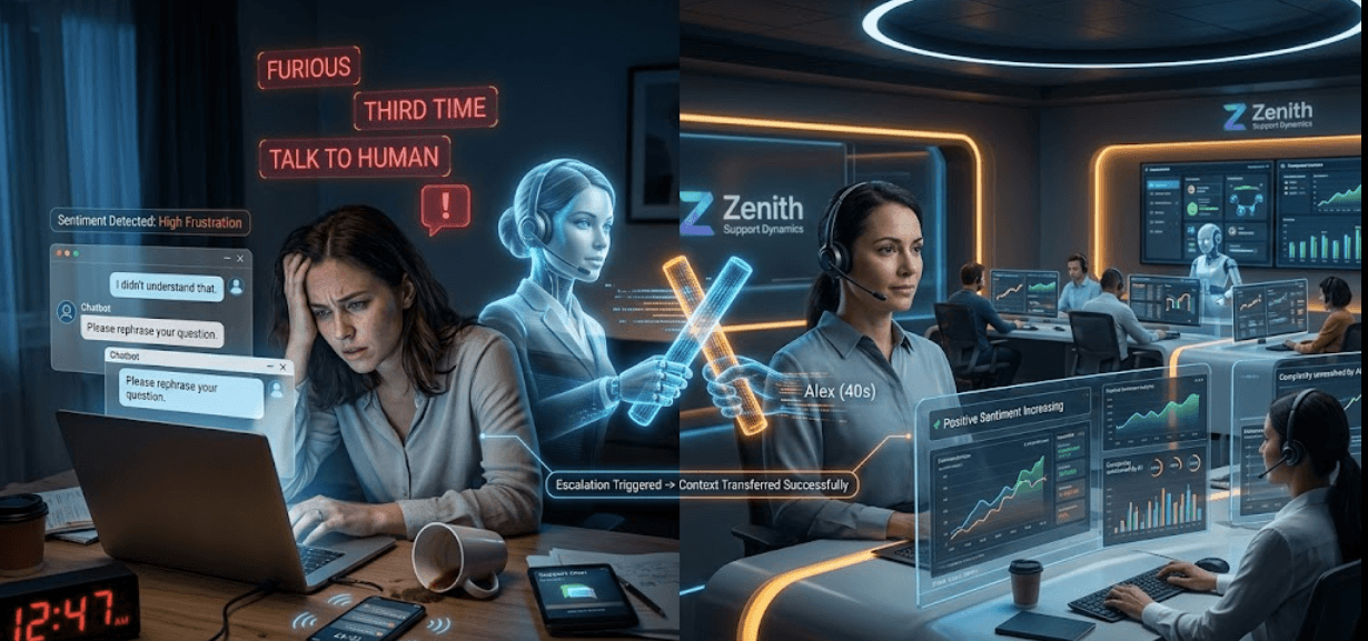 Illustration of a frustrated customer, an AI chatbot, and a human agent during a support escalation