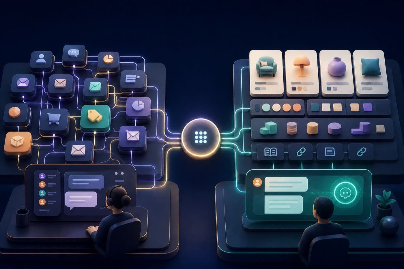 Original illustration comparing a broad integrations network with a structured AI-ready product catalog