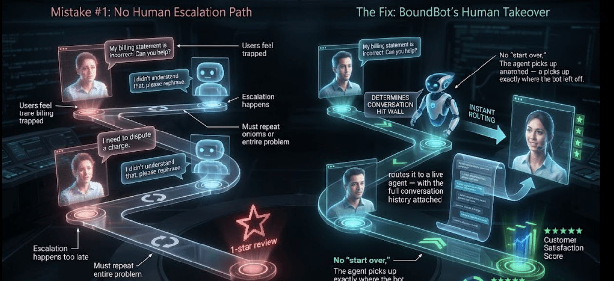 Conceptual comparison of a chatbot dead end and a configured human handoff