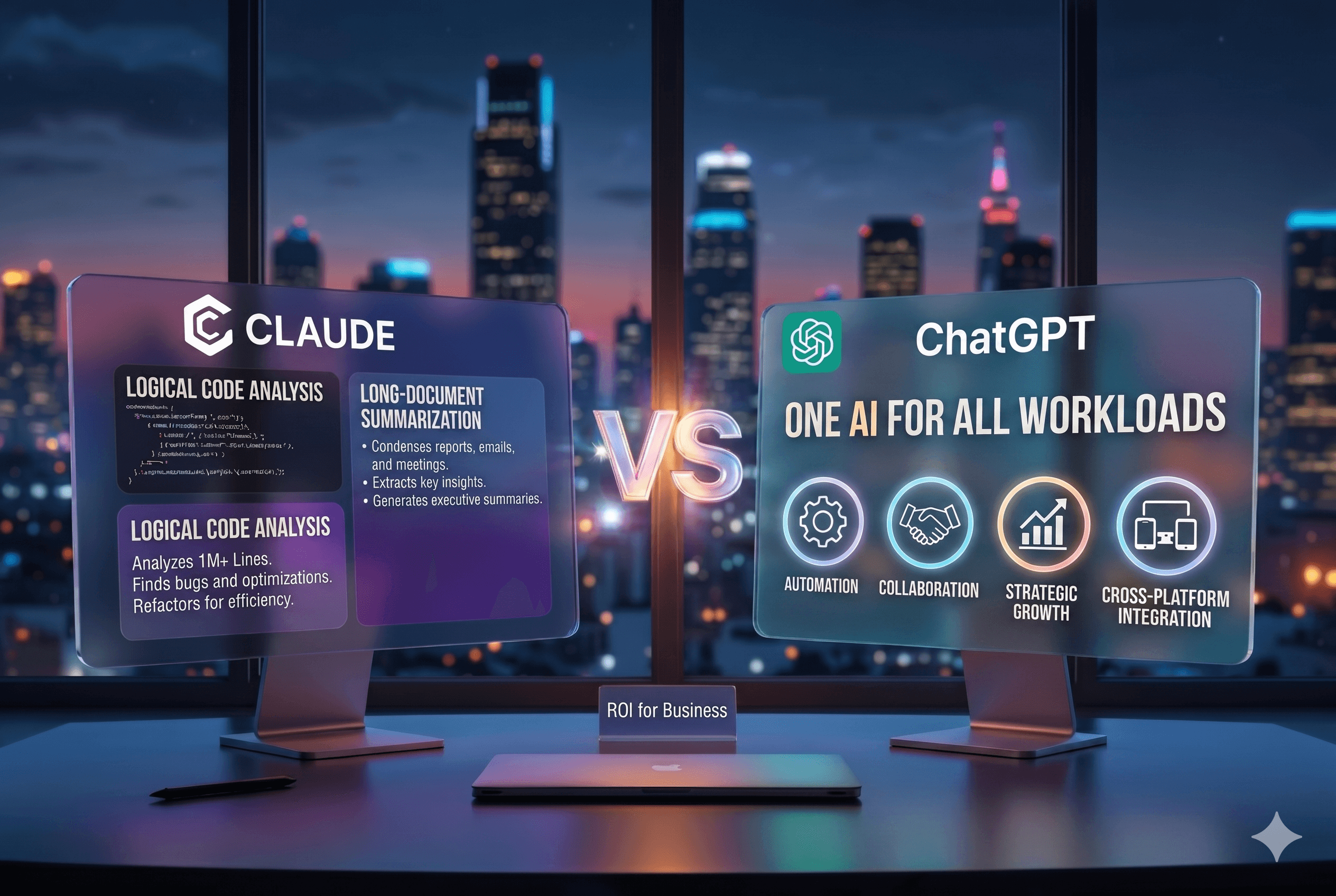 Illustration of Claude and ChatGPT AI models compared visually, representing productivity, writing, and business use cases in 2026
