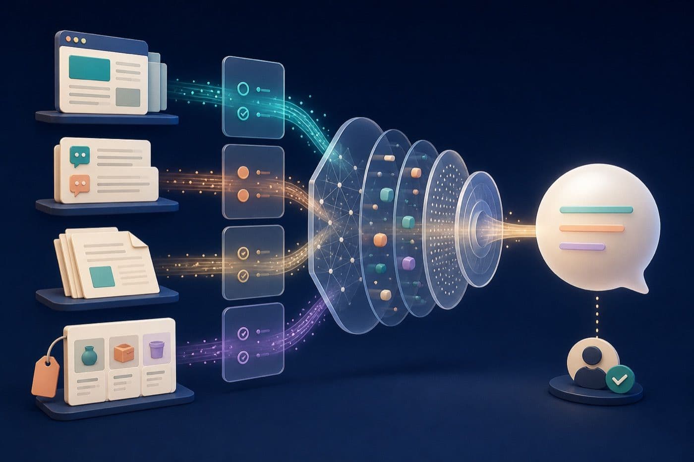 Original illustration showing websites, FAQs, documents, and product data passing through verification layers into a grounded answer