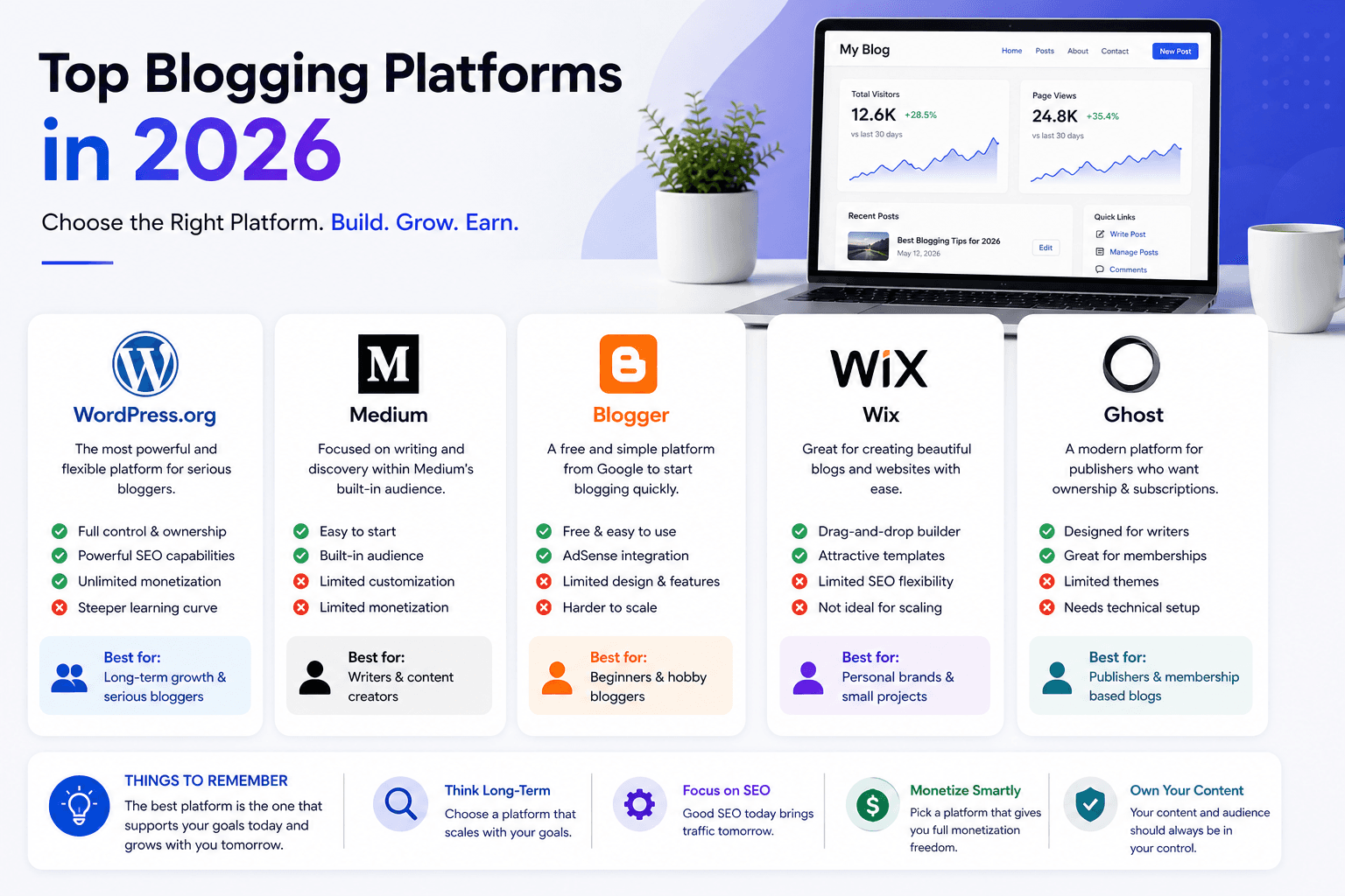 top blogging platforms 2026 comparison including WordPress, Medium, Blogger, Wix, and Ghost with features and growth insights