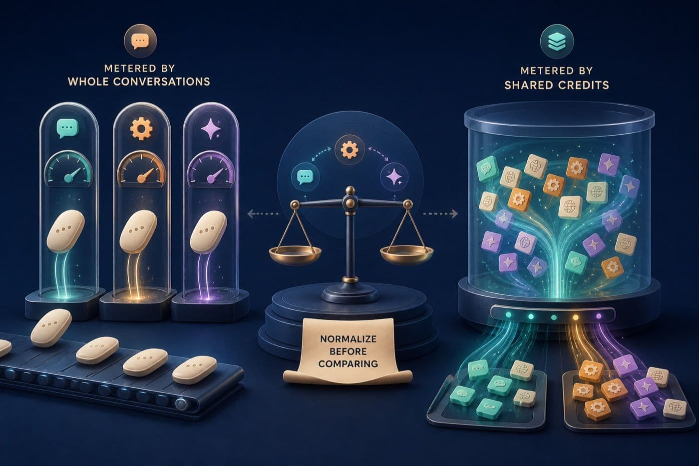 Original illustration comparing whole-conversation meters with a shared credit pool and a neutral balance
