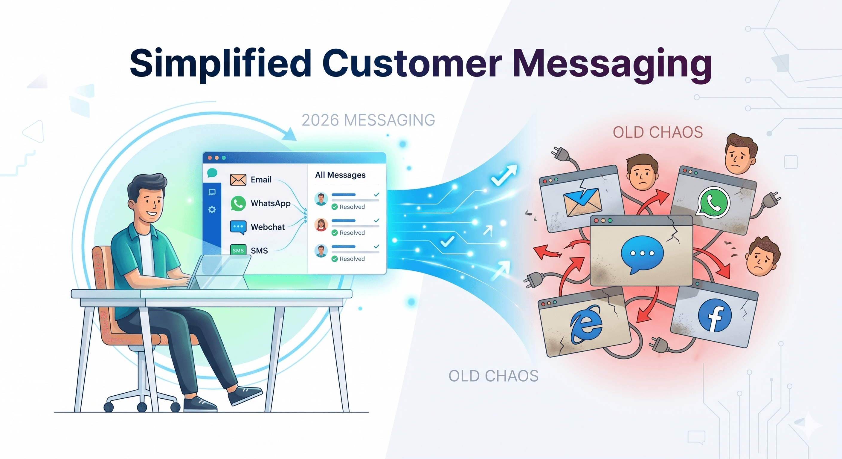 An infographic contrasting a neat 2026 unified messaging system with a messy, disconnected jumble of old communication apps.