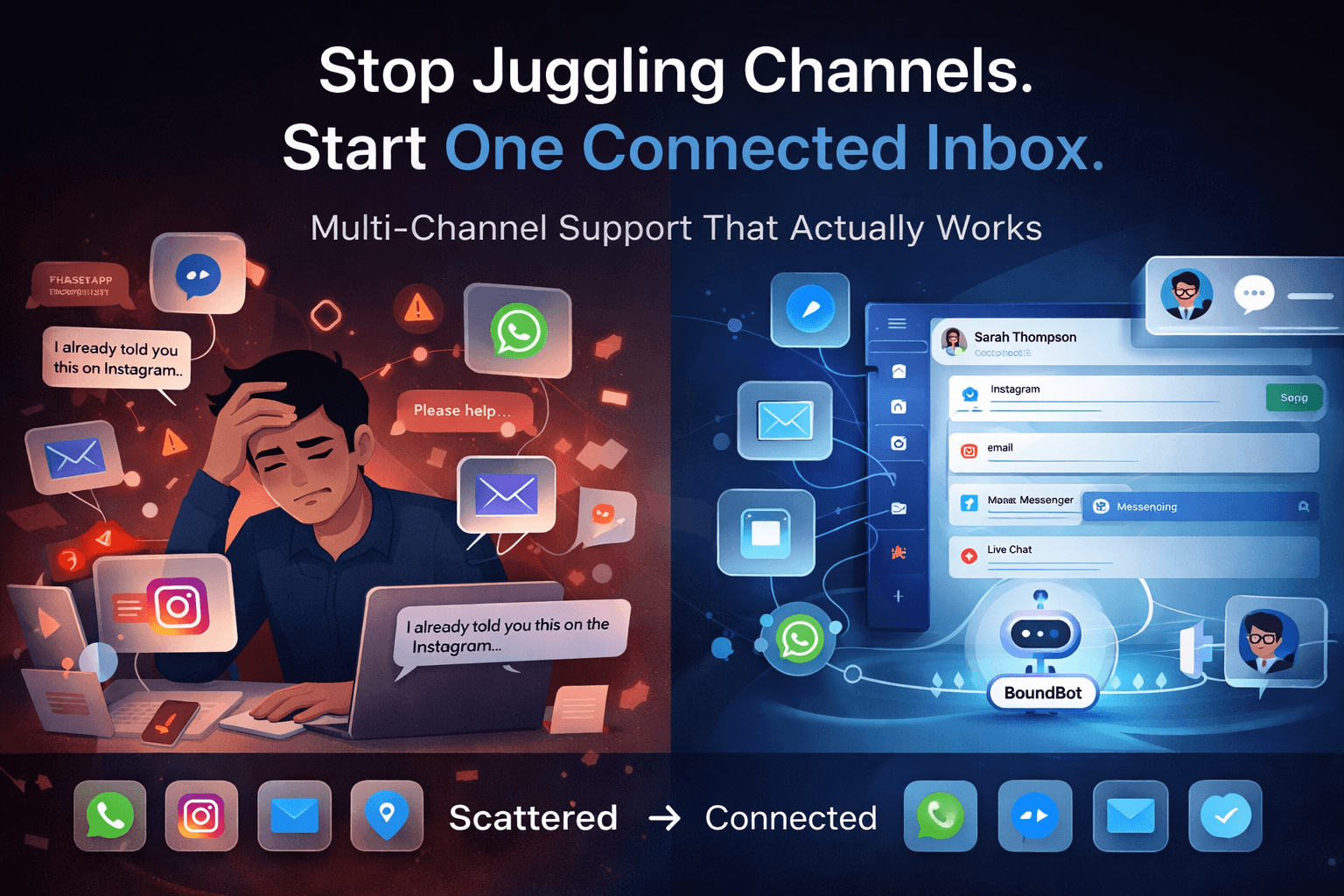 Multi-channel customer support chaos vs unified inbox system showing connected conversations across channels