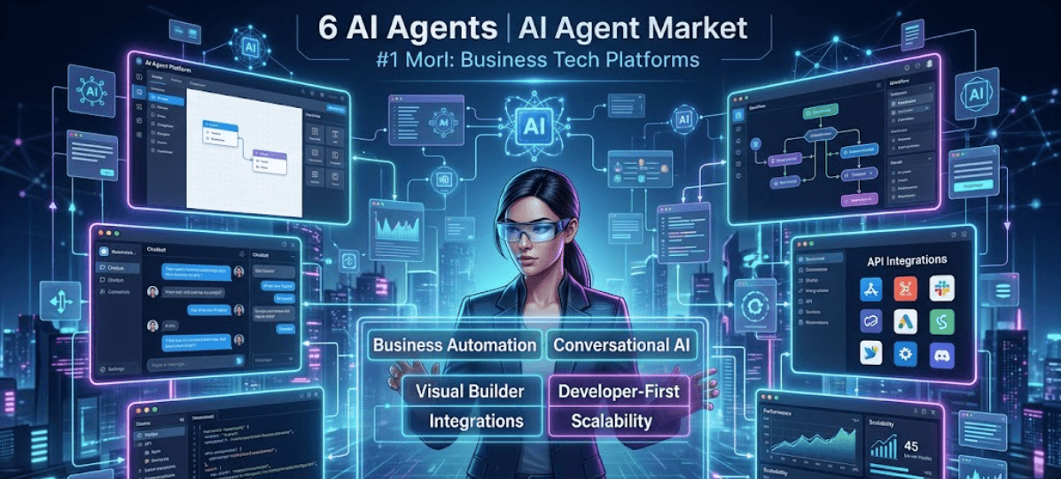 AI agent platform landscape illustration comparing business automation, conversational AI, visual builders, integrations, and developer-first tools