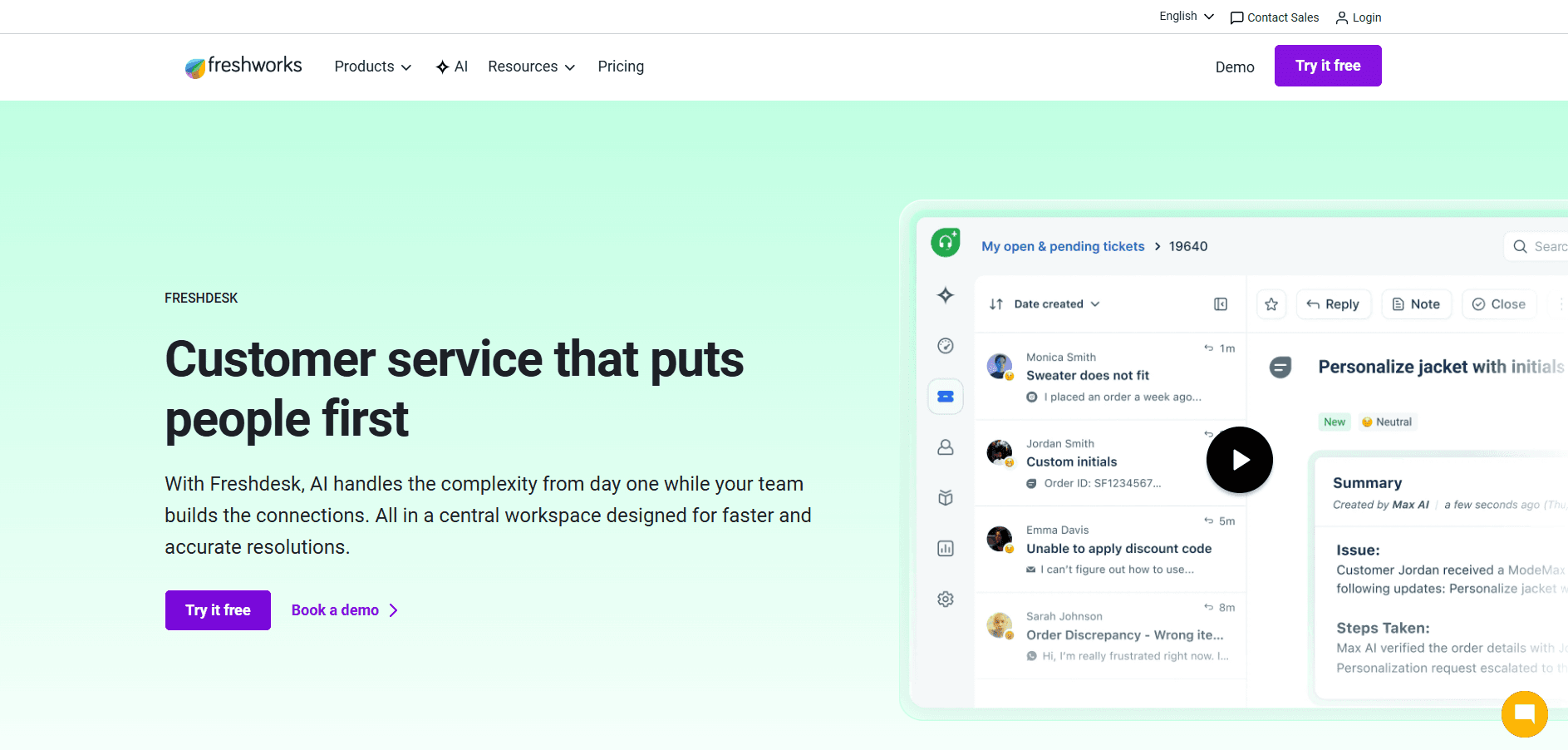 Freshchat dashboard with messaging inbox, automation features, and customer conversation view