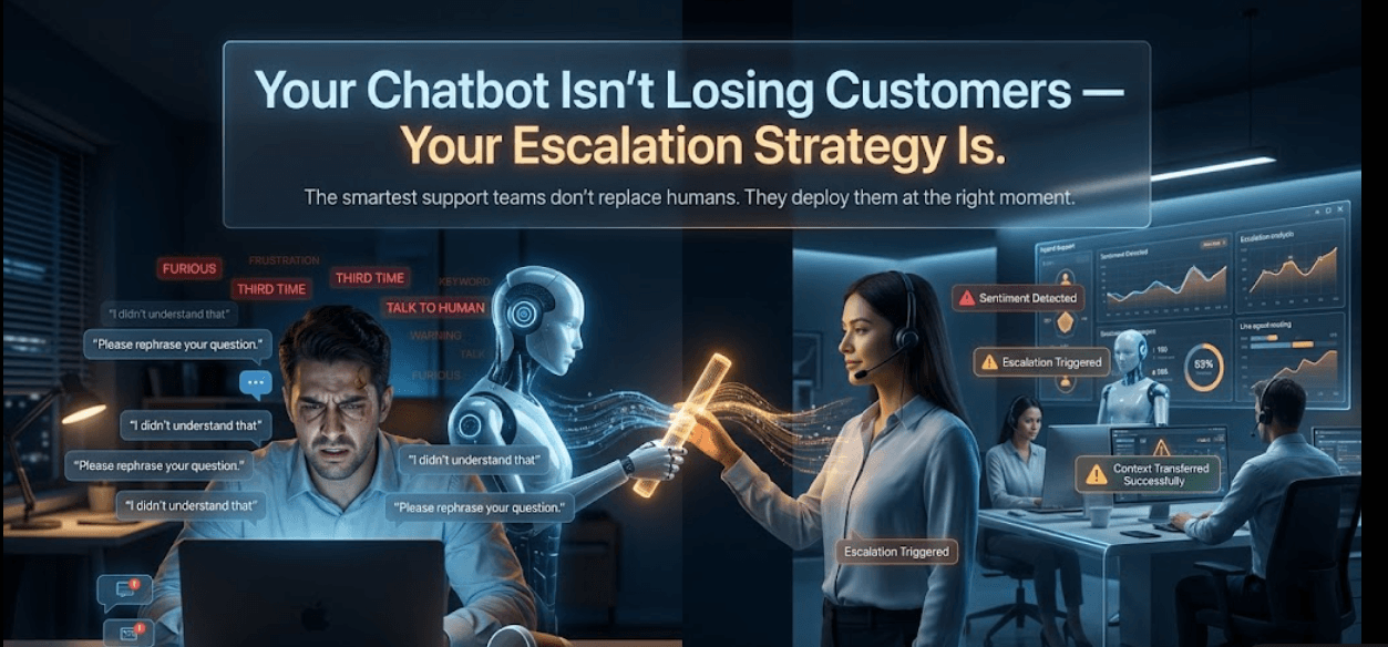 Illustration of a frustrated customer, an AI chatbot, and a human support agent during an escalation handoff
