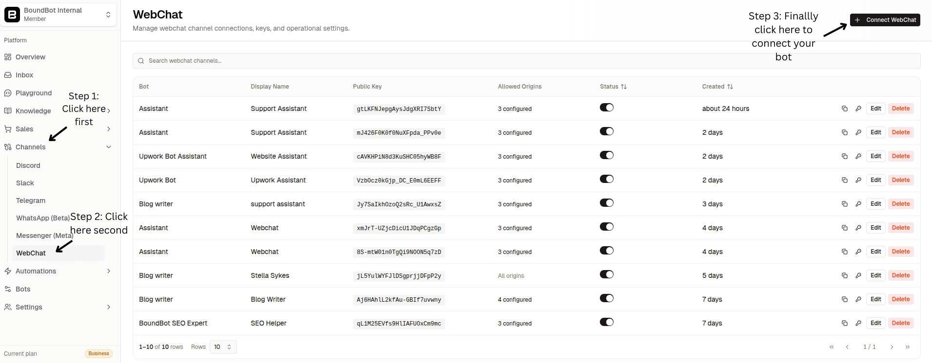 the Webchat interface is selected to configure and connect a new custom chat agent