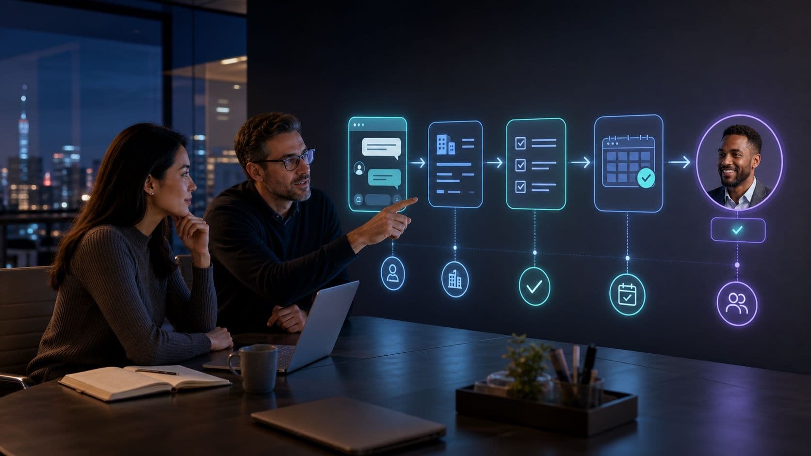 AI sales chatbot connecting website conversations, records, scheduling, and human approval