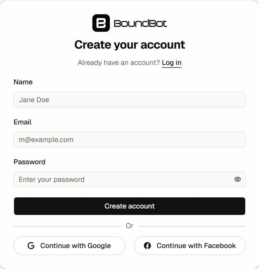 Sign up in BoundBot