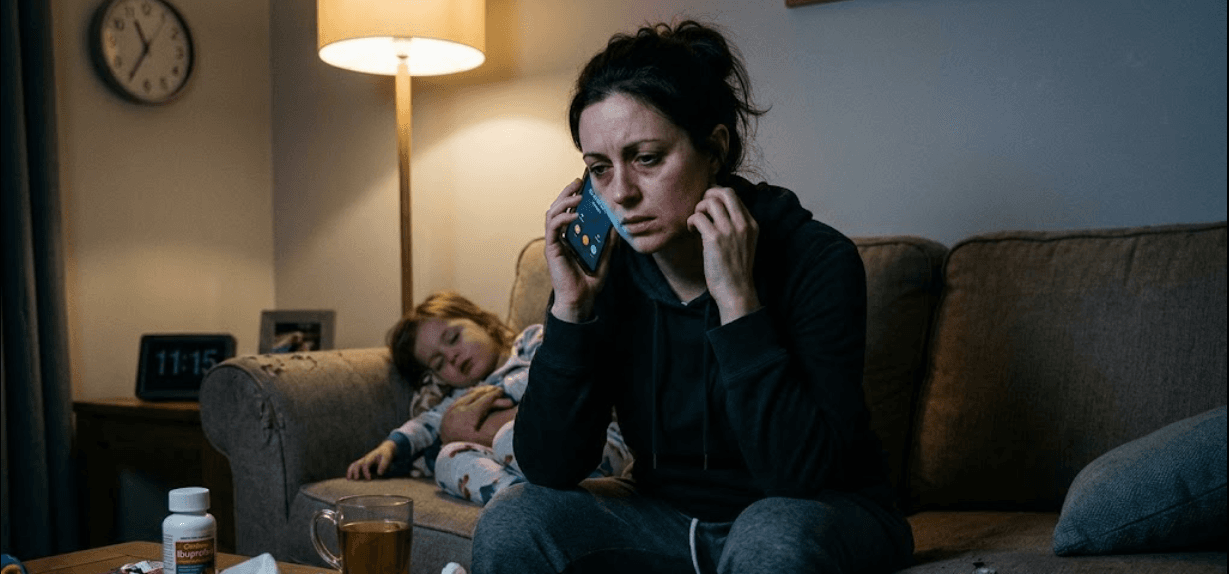 Frustrated parent, sick child.