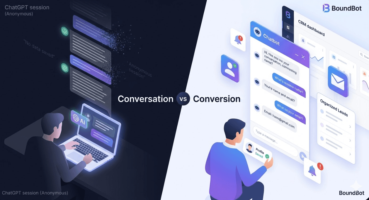 chatbot conversation lost without data vs one capturing and organizing leads in real time.