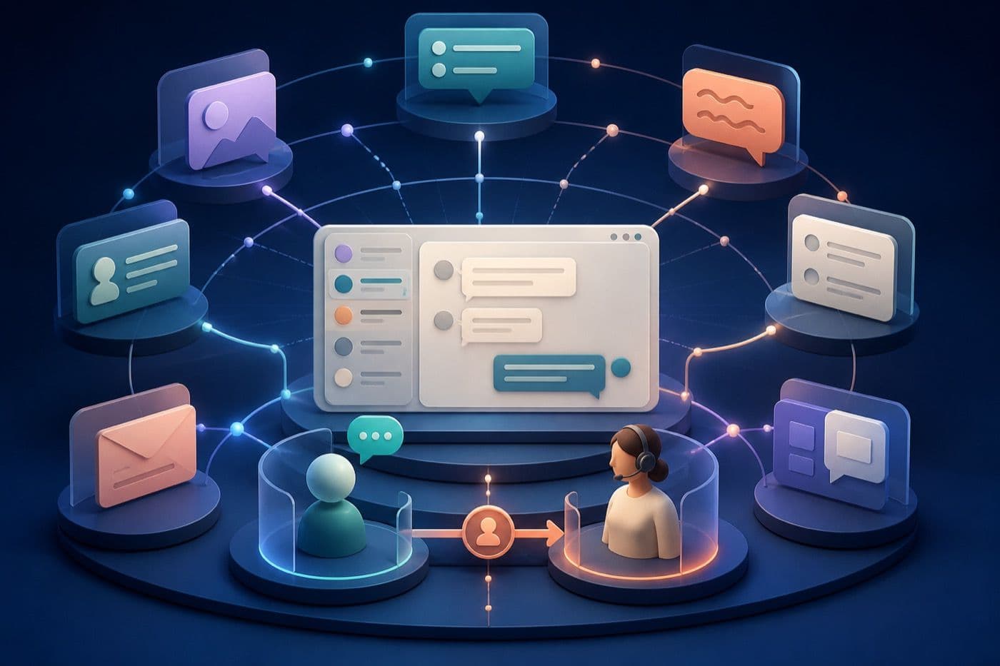 Original illustration of generic customer channels feeding a unified inbox with AI-to-human handoff