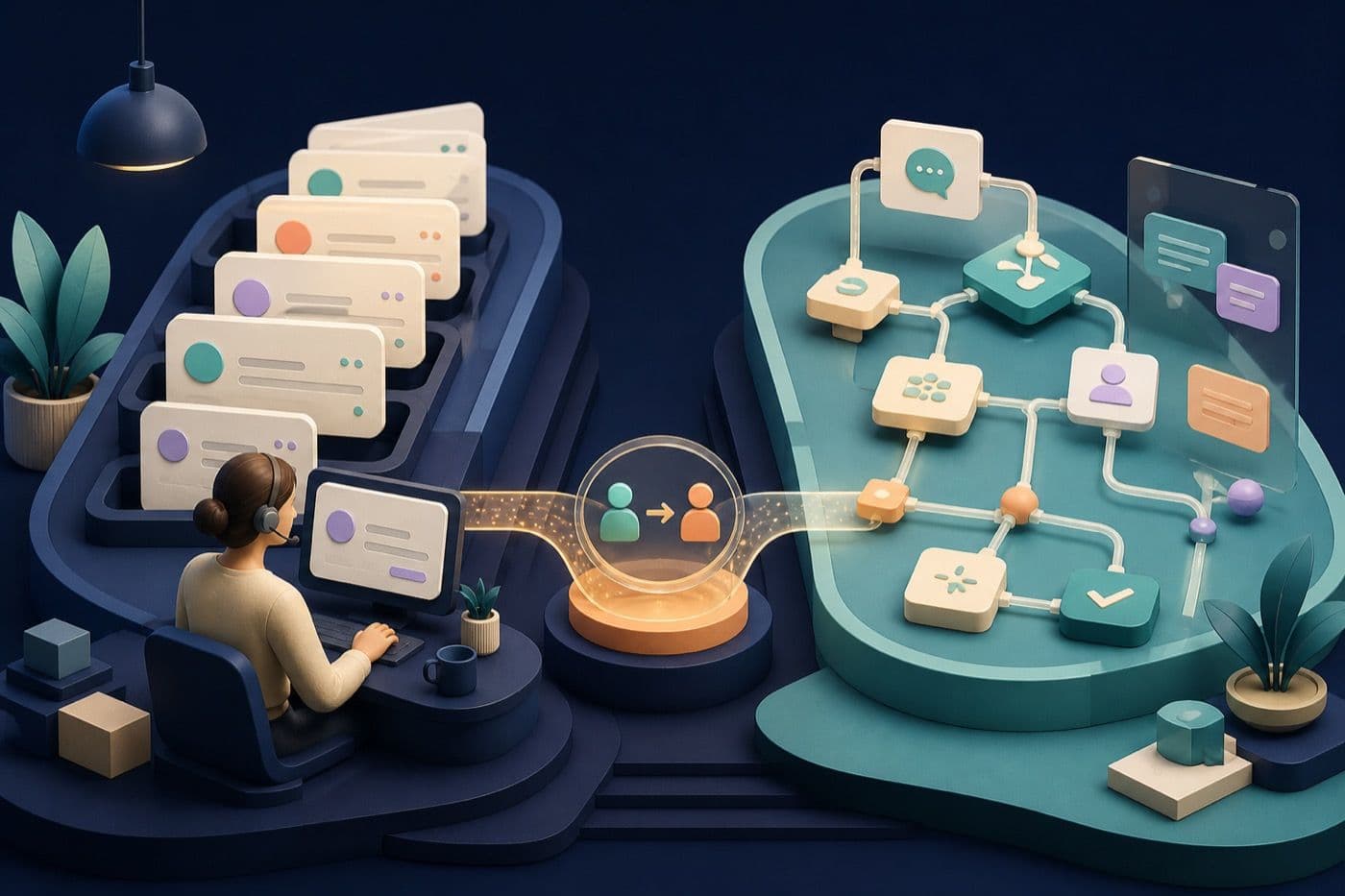 Original illustration contrasting a structured support queue with a configurable AI-agent workflow and human handoff