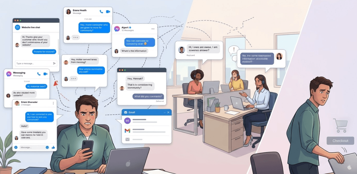 Customer confused by fragmented conversations across chat, social media, and email as disconnected support responses lead to a lost sale.