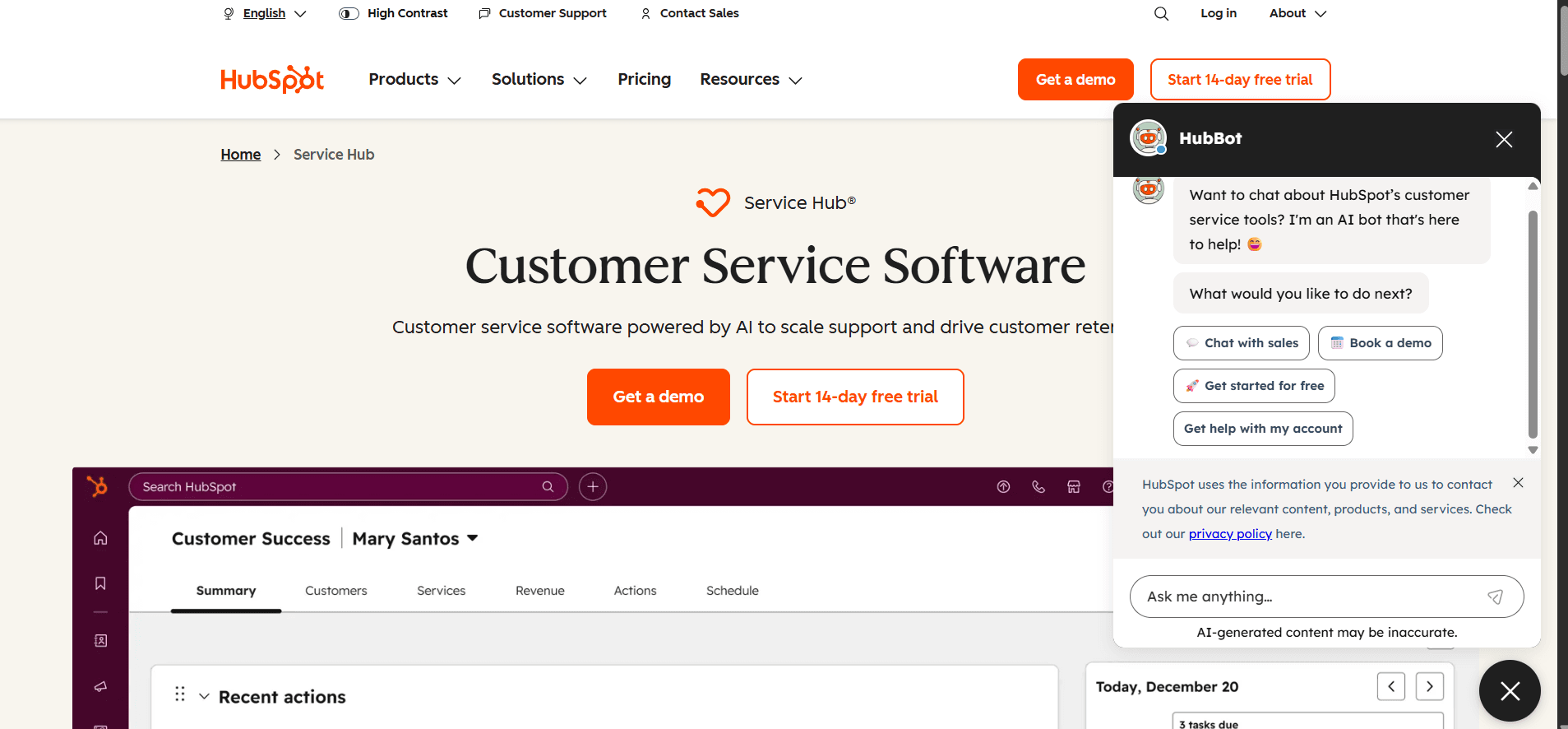 HubSpot multi channel chatbot platform dashboard connected with CRM and customer conversations