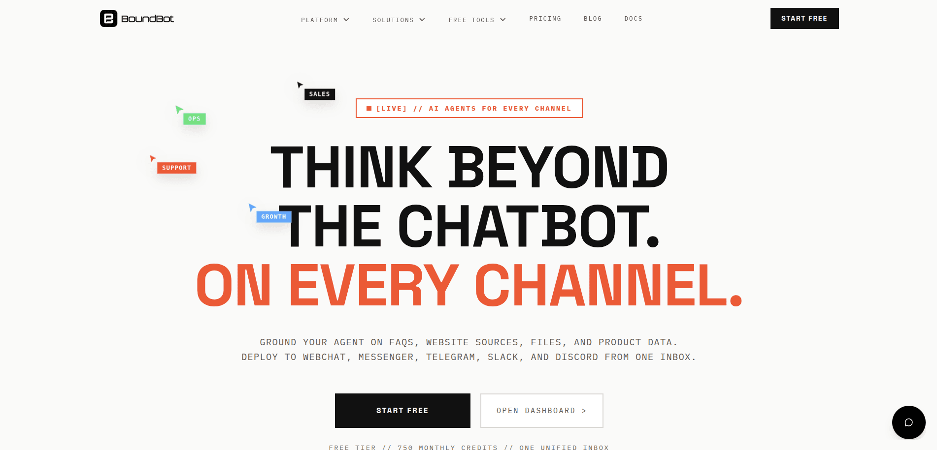 BoundBot homepage showing multi-channel AI support positioning and the Start Free call to action