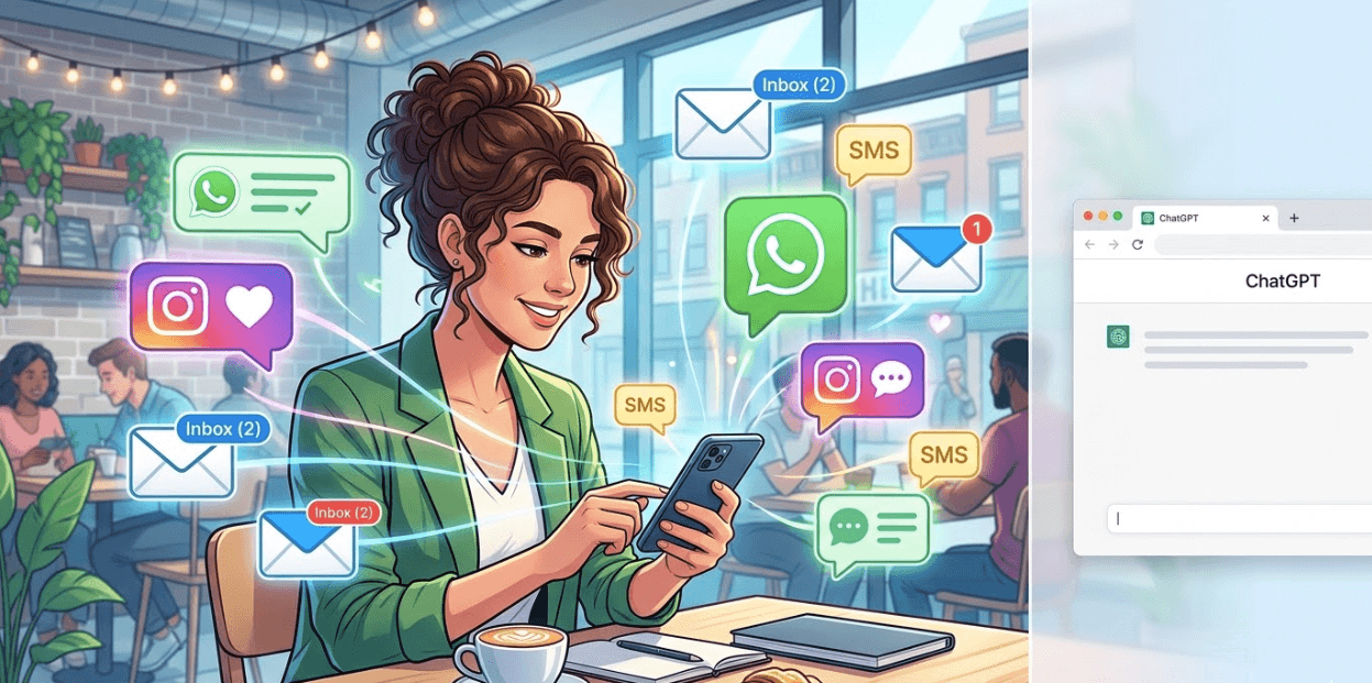 A connected professional at a coffee shop surrounded by mobile messaging icons contrasts with an isolated ChatGPT web interface.