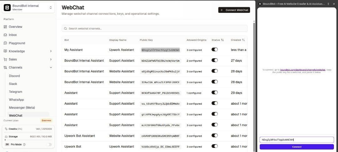 Pasting primary keys connect with webchat