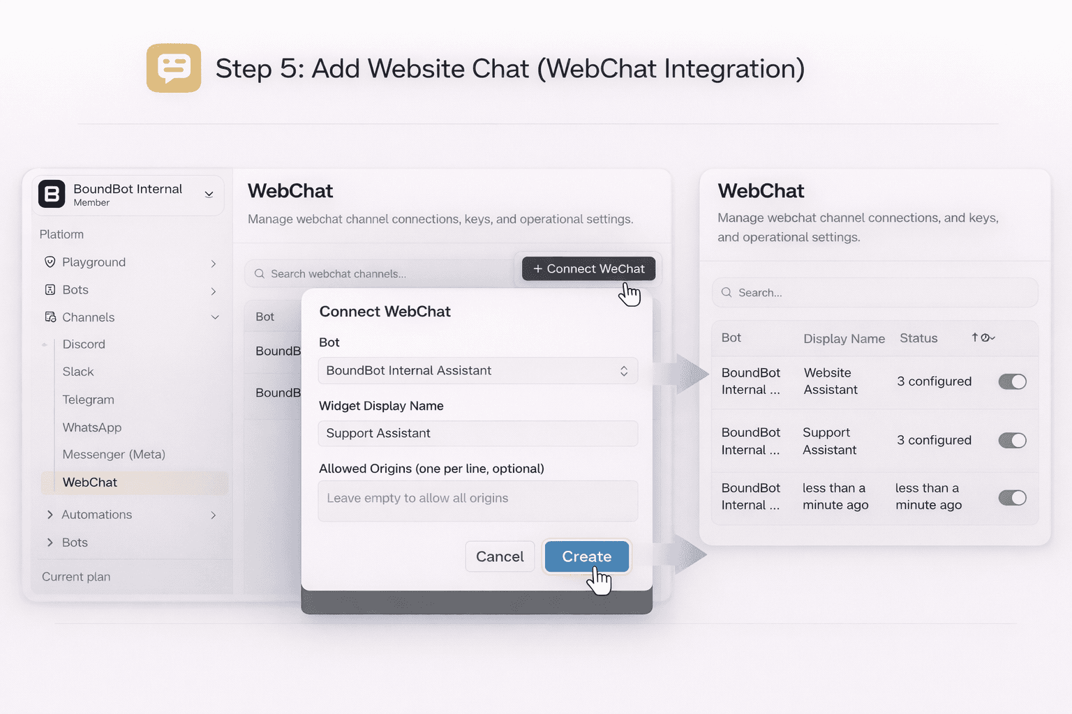 webchat integration setup in boundbot dashboard showing connect webchat button and create widget form