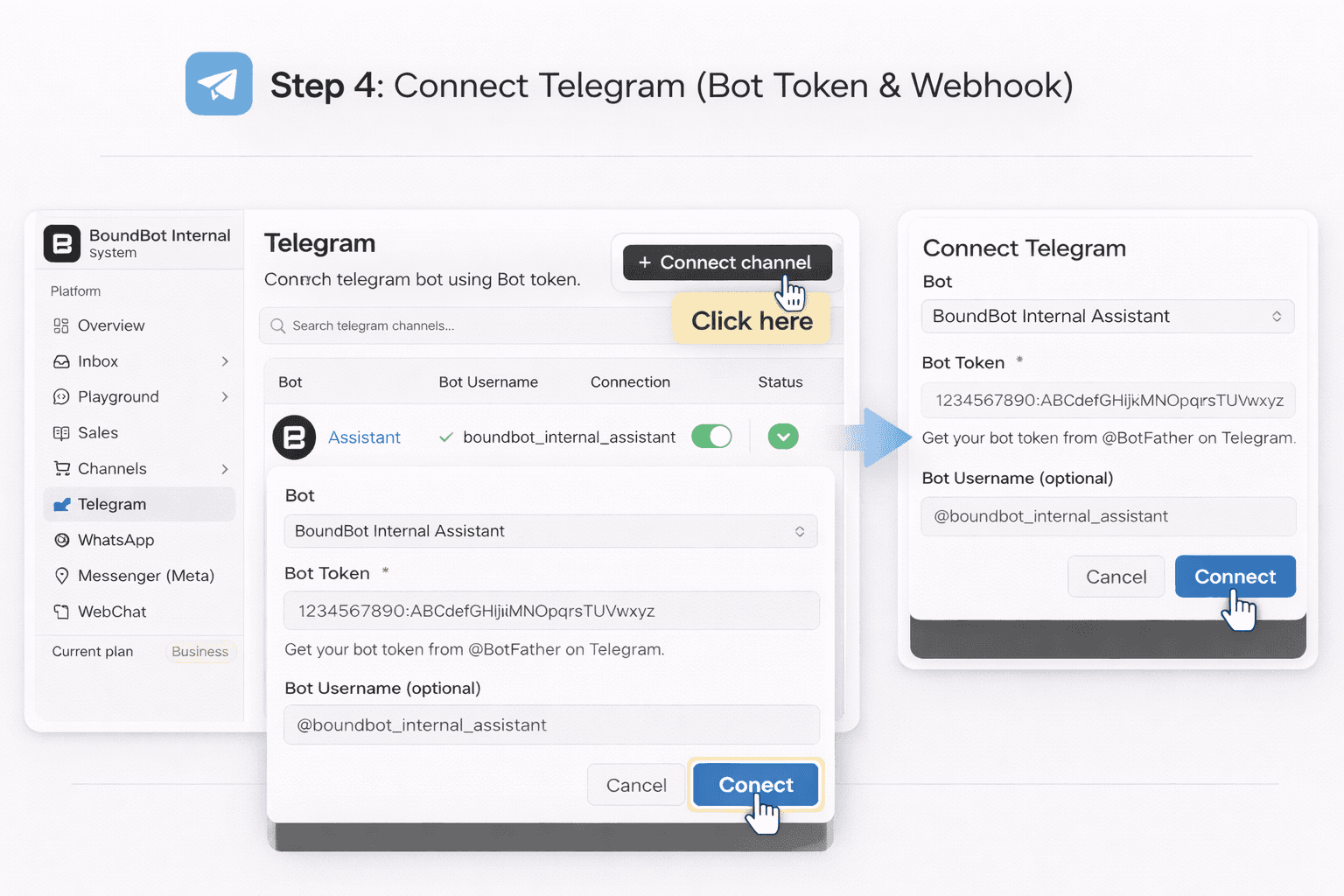 connect telegram chatbot using bot token in boundbot dashboard with connect channel button and setup form