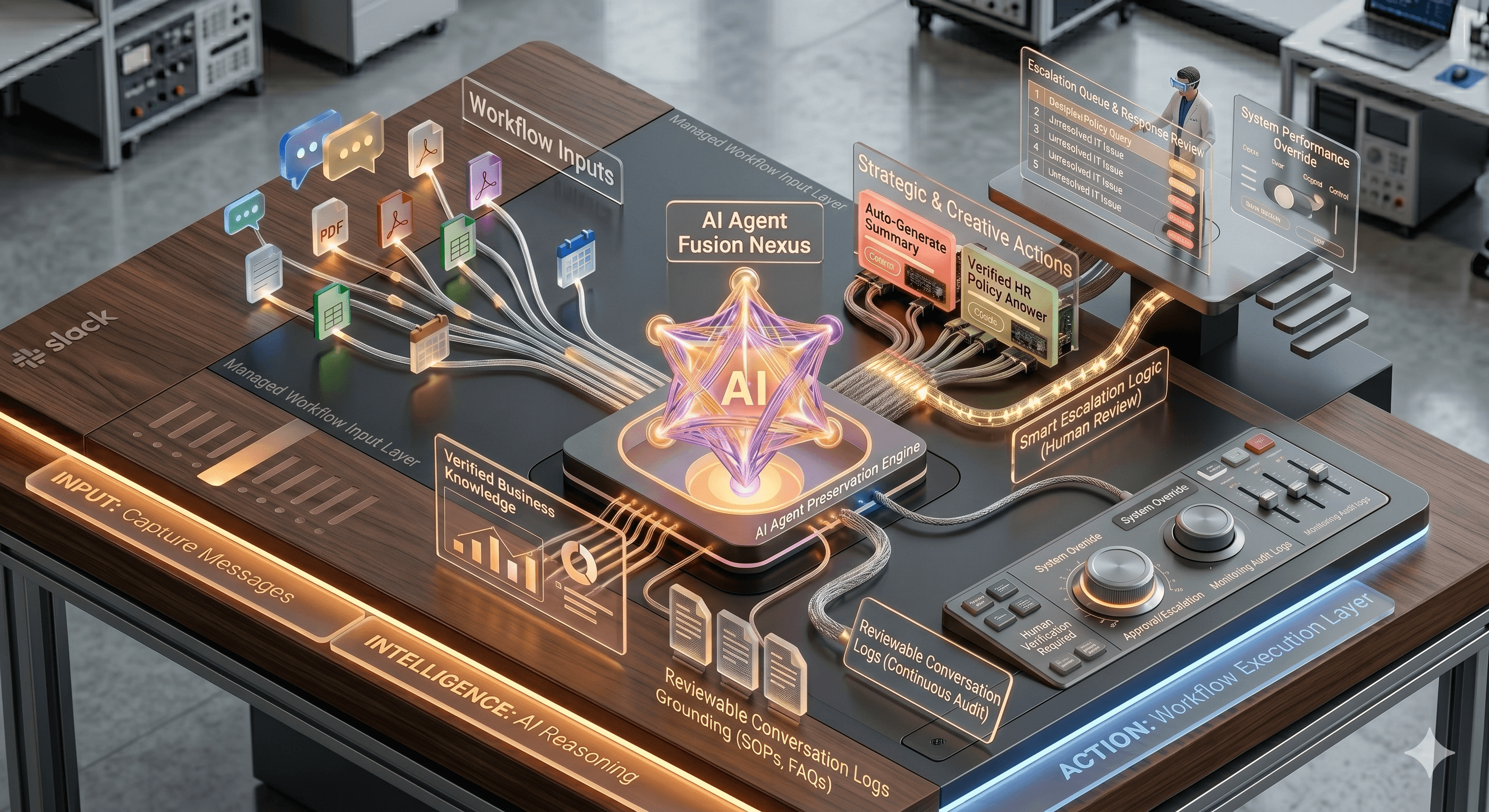 An isometric 3D infographic illustration on a wooden desk showing a Slack-integrated AI system transforming raw data