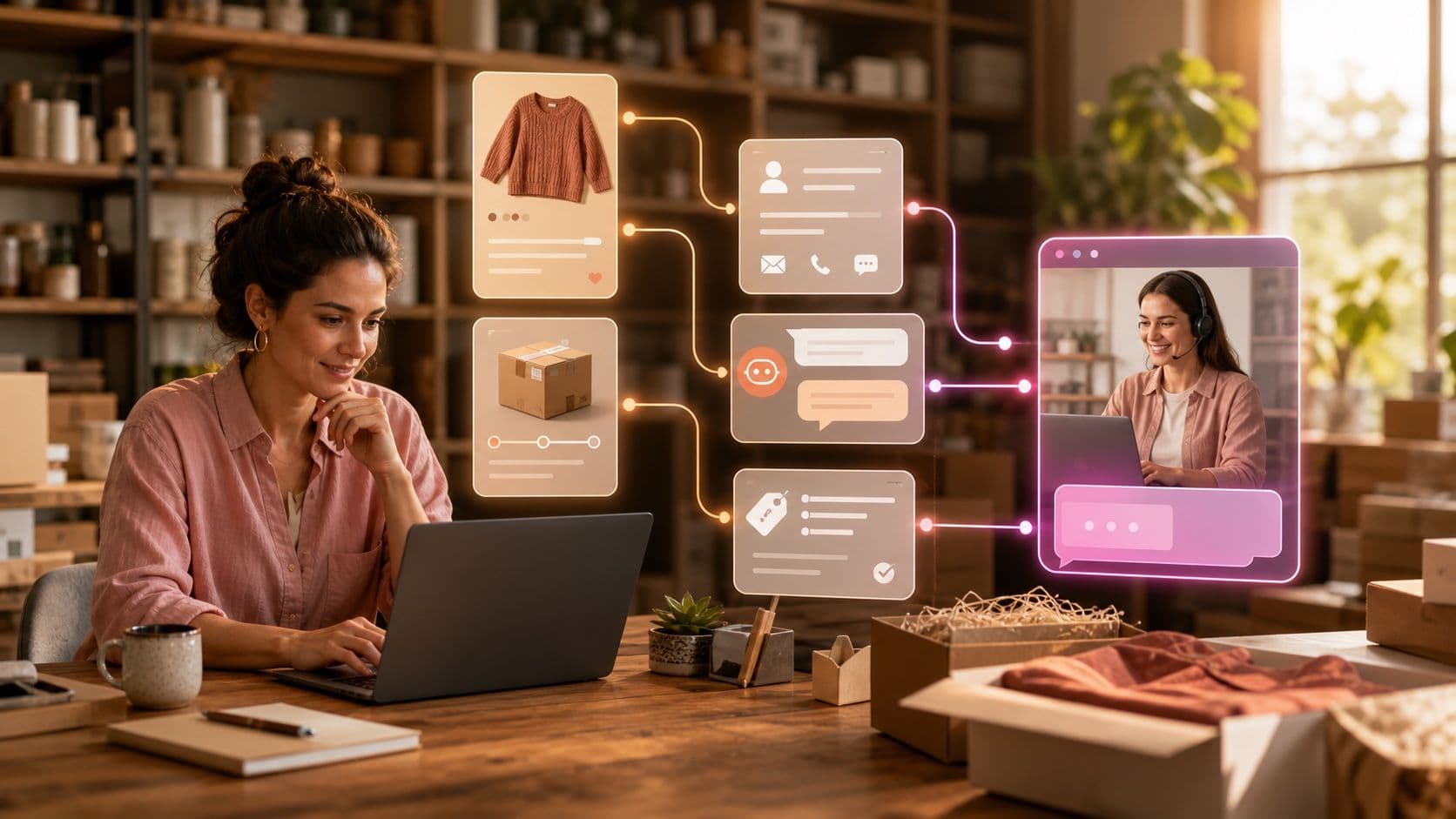 Ecommerce chatbot coordinating product support, lead capture, and human follow-up