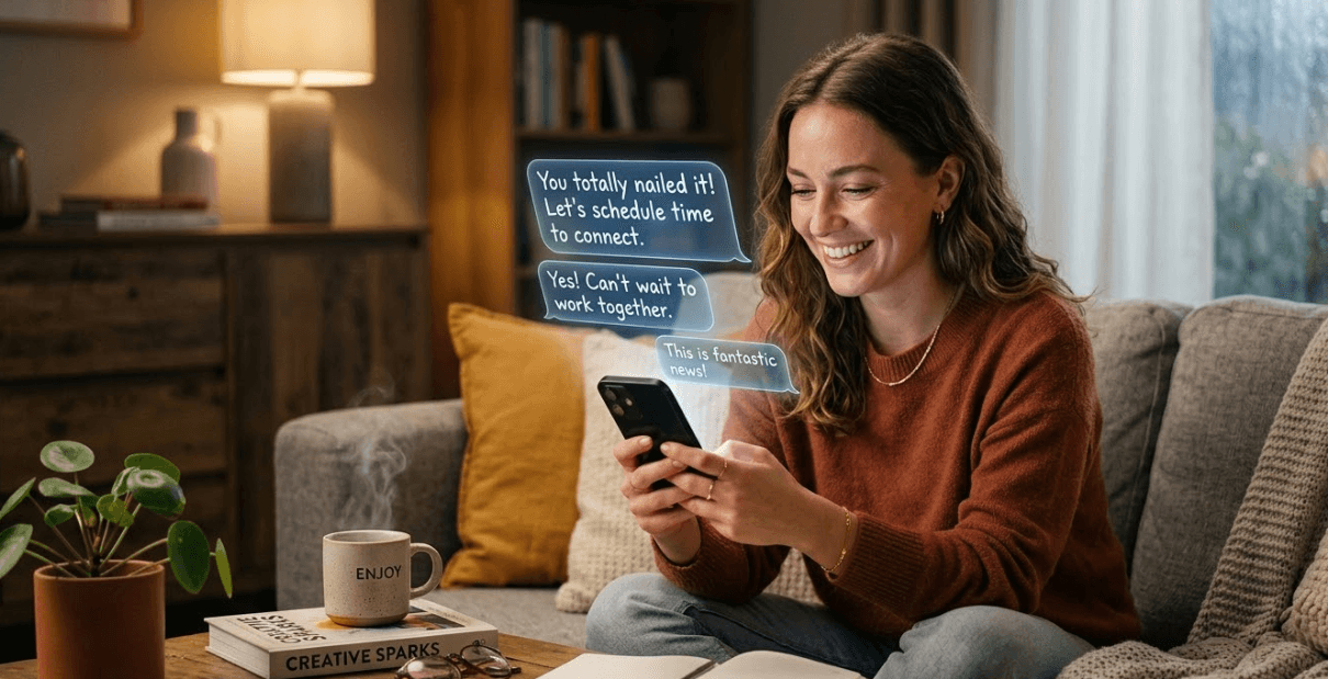 A person sitting comfortably on a couch, smiling with delighted and having a conversation