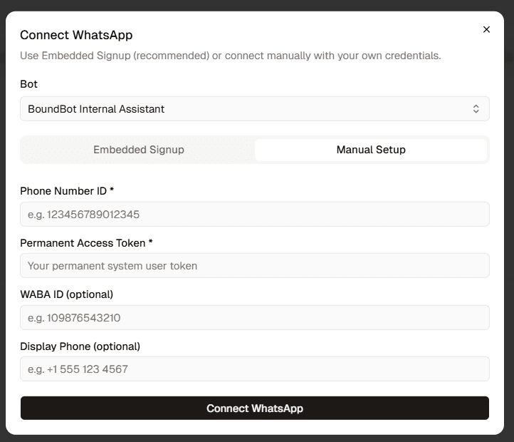 manual whatsapp business api setup in boundbot using phone number id access token and waba id configuration