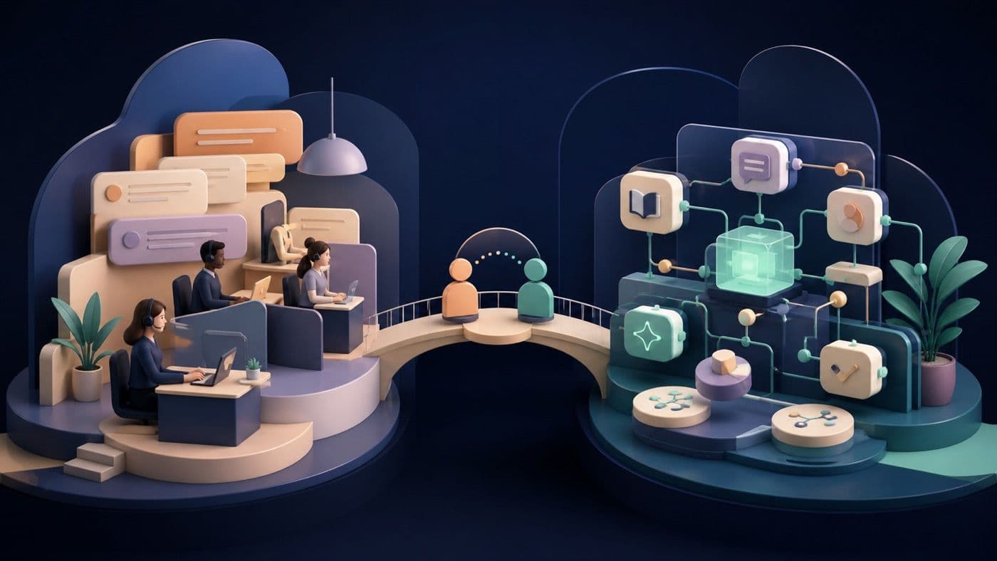 Original 3D illustration comparing a human help-desk workspace with a modular AI-agent system connected by a handoff bridge