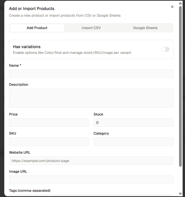 Manual product catalog entry form in BoundBot AI dashboard