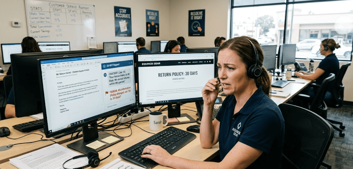 Customer support agent checking an outdated return policy answer