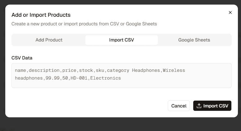 Uploading product catalog via CSV in BoundBot AI platform
