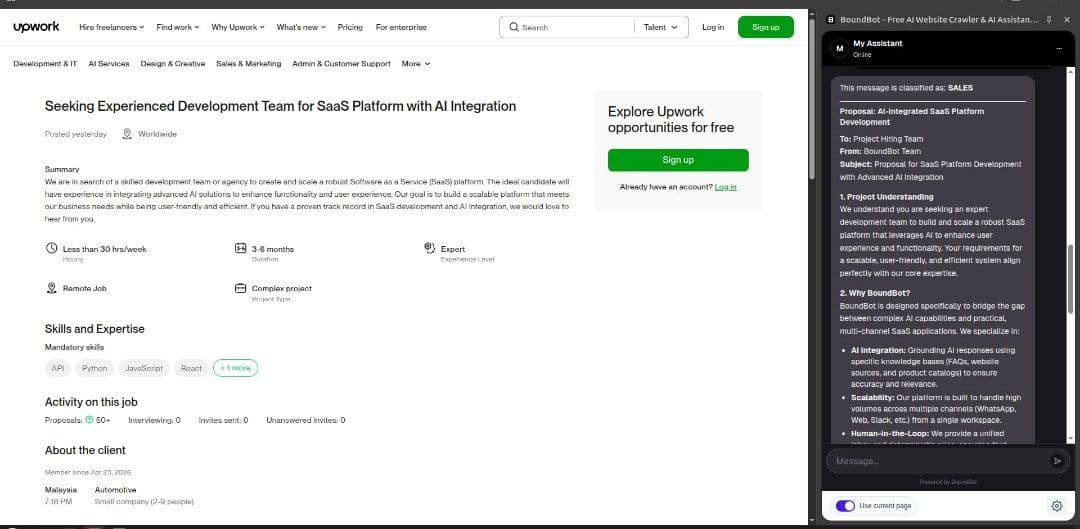 BoundBot AI agent creating Upwork proposal for a job posting