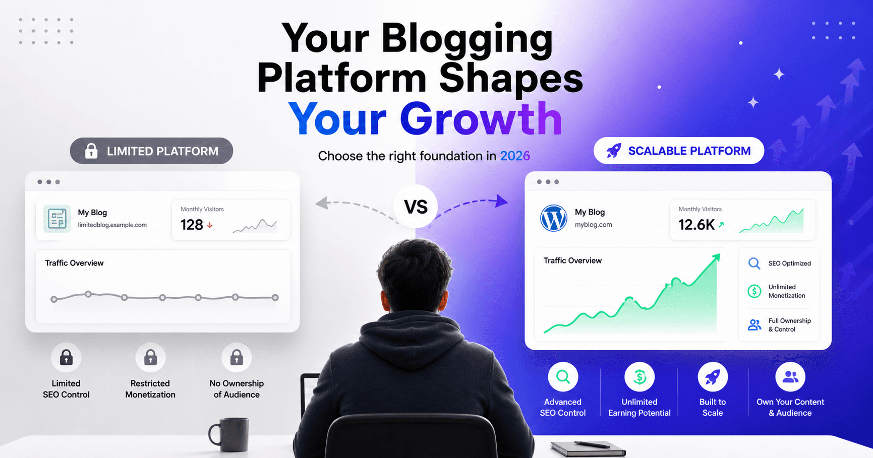 blogging platforms 2026 comparison showing limited vs scalable platform with growth and monetization